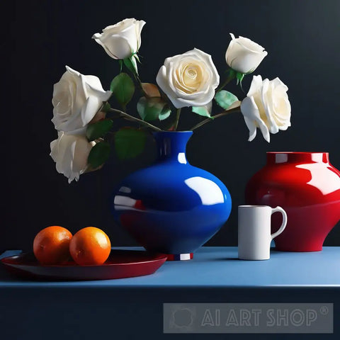 White Roses With Blue And Red Ceramics Still Life Ai Art