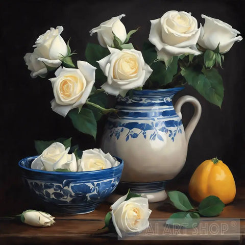 White Roses With Piece Of Fruit Still Life Ai Art