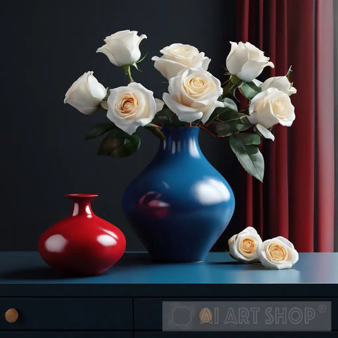 White Roses With Red Vase On Sideboard Still Life Ai Art