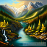 Winding River And Virgin Forest In Valley Against Mountains Ai Painting