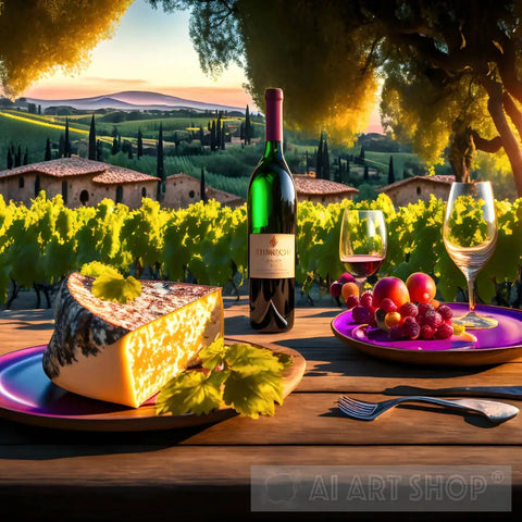 Wine And Cheese In Front Of An Italian Vineyard Still Life Ai Art