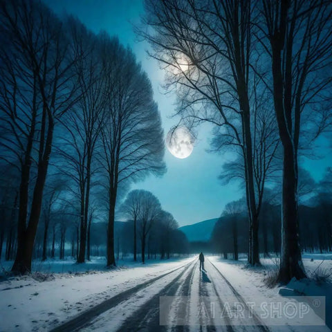 Winter Landscape With Trees And Moon Ai Art