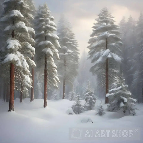 Winter Snow-Covered Trees In A Forest Landscape Ai Art