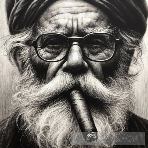 Wisdoms Embers: Charcoal Portrait Of An Old Man With Attitude Lost In Smoke Ai Artwork