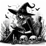Witch Sitting On A Grave Reading Book Ai Painting