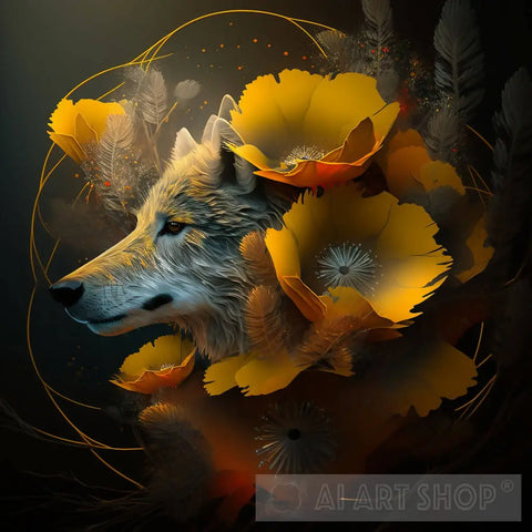 Wolf And Wild Flowers Ai Artwork