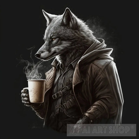 Wolf Drinking Coffee Ai Artwork