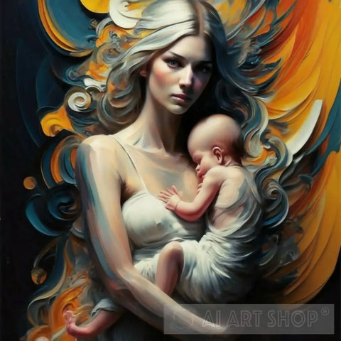 Woman Carrying Her Infant On Chest. Portrait Ai Art