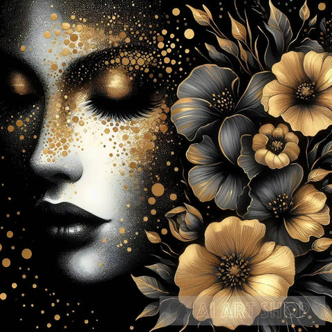 Woman Gold Face In Flowers Ai Painting