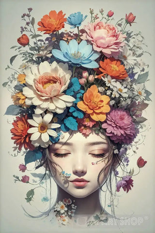 Woman Head With Artful Flowers Illustration Contemporary Ai Art