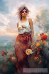 Woman In A Flowery Meadow:  Joyful Walk Amongst The Lovely Fragrances Ai Artwork