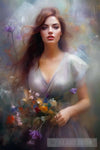 Woman In A Flowery Meadow:  Joyful Walk Amongst The Lovely Fragrances Ai Artwork