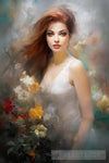 Woman In A Flowery Meadow:  Joyful Walk Amongst The Lovely Fragrances Ai Artwork