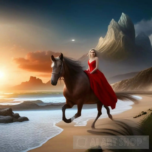 WOMAN IN RED DRESS RIDING A HORSE