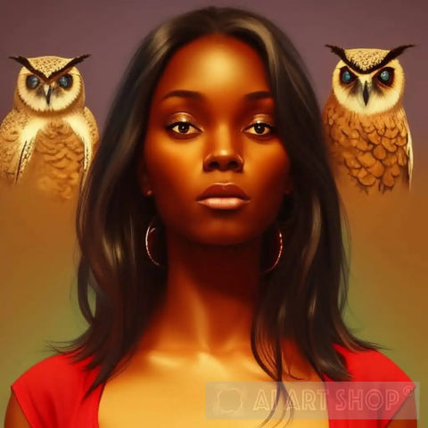 Woman In Red With Owls Portrait Ai Art