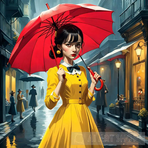 Woman In Yellow Dress Carrying Red Umbrella Ai Artwork