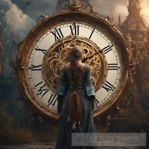 Woman Looking At Clock Ai Artwork