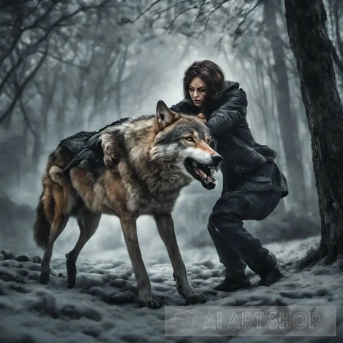 Woman Patting Wolf Ai Artwork