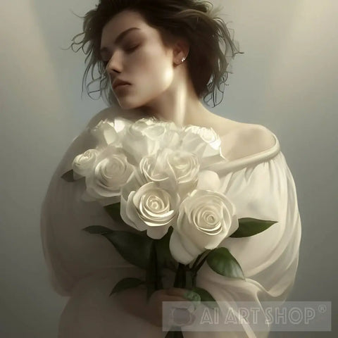 Woman With A Bouquet Of White Roses Ai Artwork