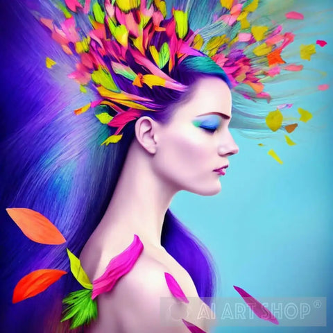 Woman With Colorful Feathers In Her Hair Abstract Ai Art