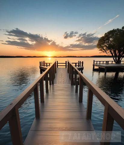 Wooden Plank Walkway Leading To A Beautiful Sunset On The Lake Ai Artwork