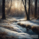 Woodland Stream In Falling Snow Landscape Ai Art