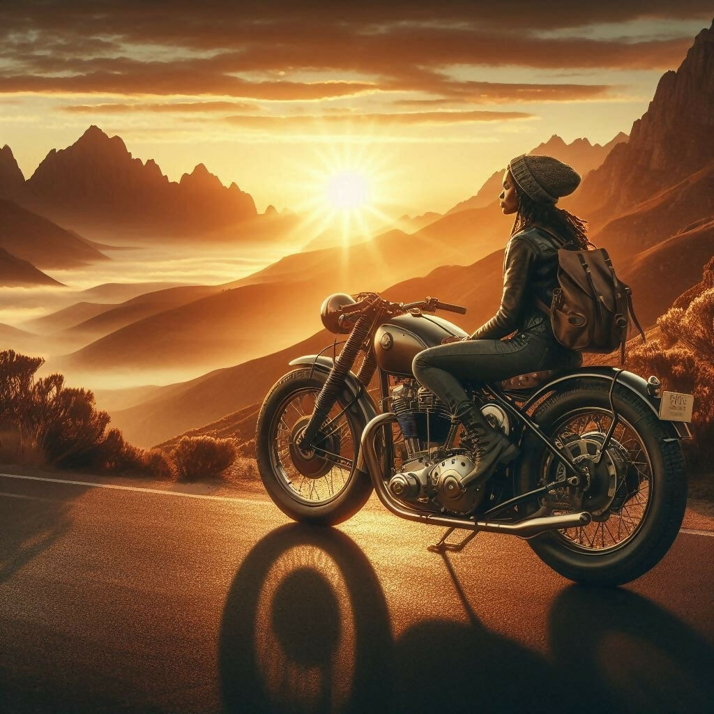 Adventurous Motorcycle Rider on Vintage Cafe Racer | Sunrise Over M...