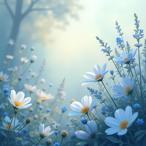 Blue flowers and grass glisten in morning light, creating a serene and dreamy meadow atmosphere. Generative Al