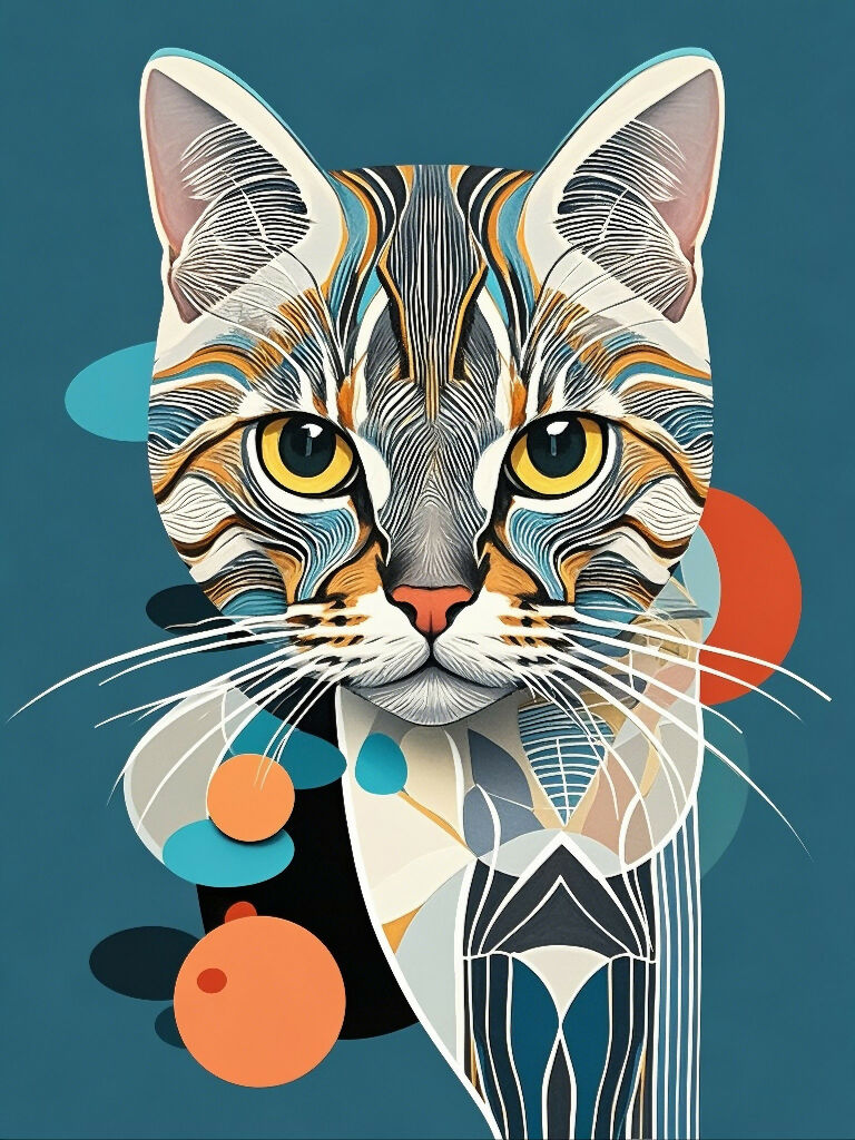 Geometric Cat Abstract Art Print – AI Painting – Cosmic Animal Art