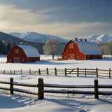 A farm with snow-covered barns, fences, and fields (1)