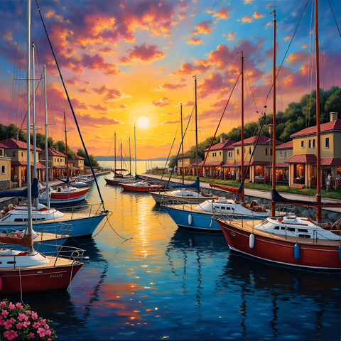 A vibrant sunset over a harbor filled with colorful boats, creating a serene coastal atmosphere. Generative Al