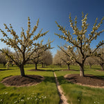 A peaceful orchard with fruit trees in full bloom and a clear blue sky (2)