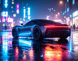 Firefly_A sleek futuristic sports car parked on a wet neon-lit street at night, reflections o 848084