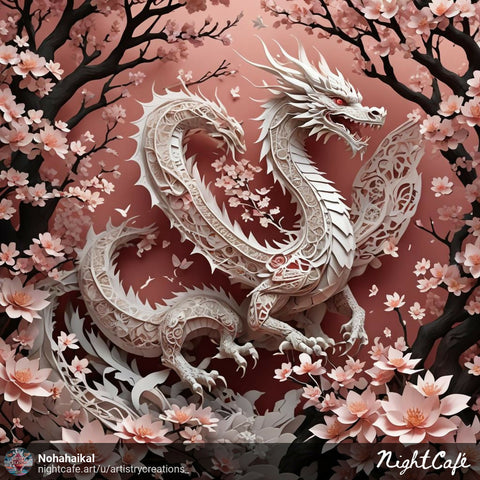 Kirigami artwork featuring delicate paper cuts of a majestic dragon soaring through a vibrant cherry blossom garden