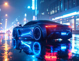 Firefly_A sleek futuristic sports car parked on a wet neon-lit street at night, reflections o 195314