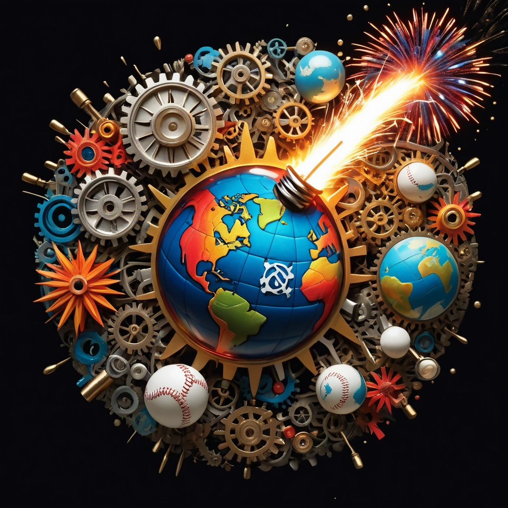 A detailed photorealistic image oworld exploding through a collage ...