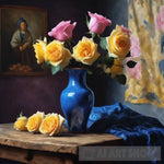 Yellow And Pink Roses In Blue Vase Still Life Ai Art