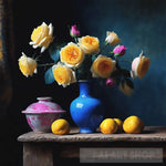 Yellow And Pink Roses With Soft Citrus Fruit Still Life Ai Art