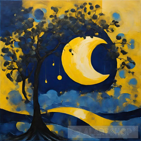 Yellow Crescent Moon Abstract Ai Art