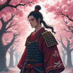 Heroic Samurai Under Cherry Blossom Trees