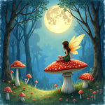 Fairy on Toadstool in Moonlit Glade