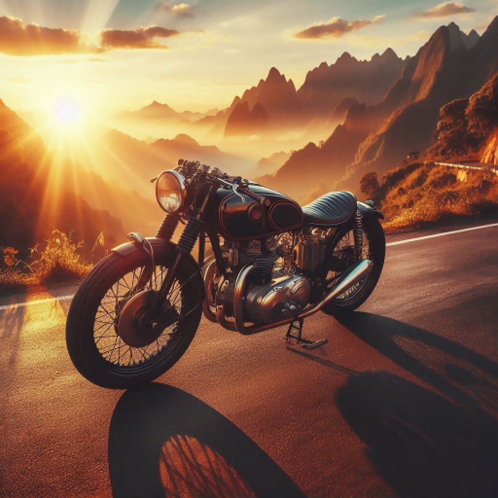 Adventure Cafe Racers Vintage Cafe Racer at Sunrise | Nostalgic Adventure Over Misty Moun...