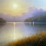 A stunning oil painting of a serene lakeside scene bathed in the warm golden light of early morning or late afternoon 3