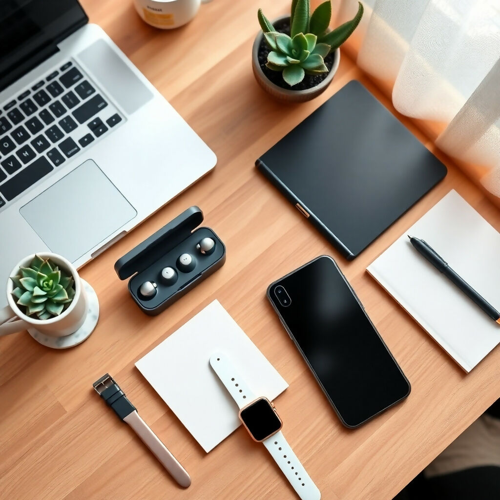 Modern Workspace Desk with Tech Gadgets and Succulent Plants