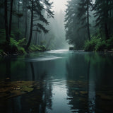 A tranquil river flowing through a dense forest with mist rising from the water (1)