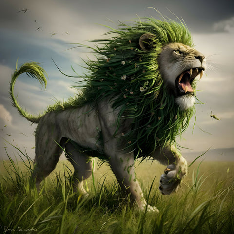 A lion roars in a realistic way, covered in green grass outdoors