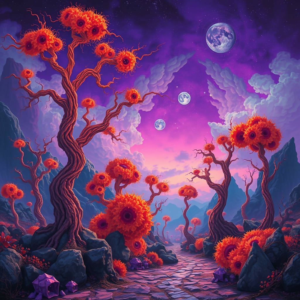 Lunar Bloomscape – Surreal Fantasy Landscape with Alien Flora and M...