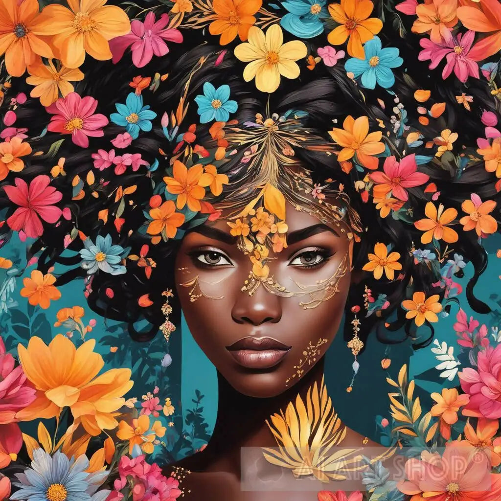 beautiful black women with flowers and gold beads on face