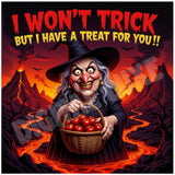 I Won’t Trick, But I Have a Treat for You!!" – Creepy Witch Halloween Illustration