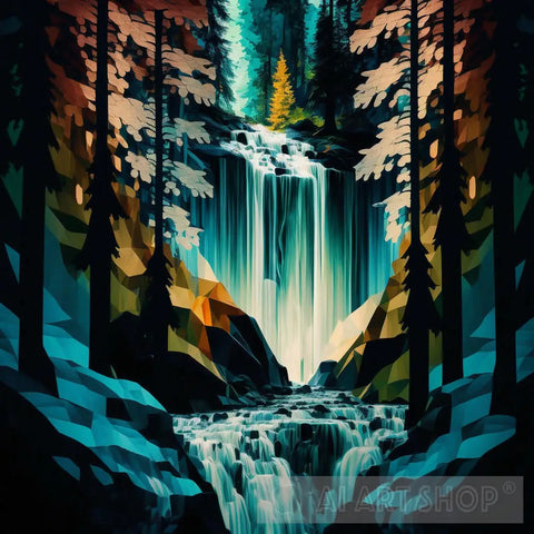 Abstract Waterfall With Beautiful Forestry Nature Ai Art